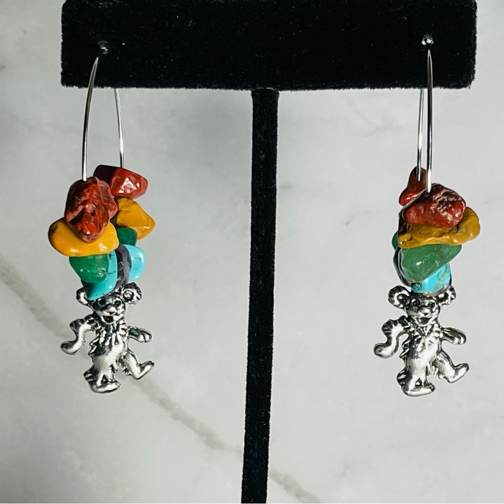 Grateful Dead Earrings Hoops Bear Rainbow Chakra Gem Stone Beads Handmade #1